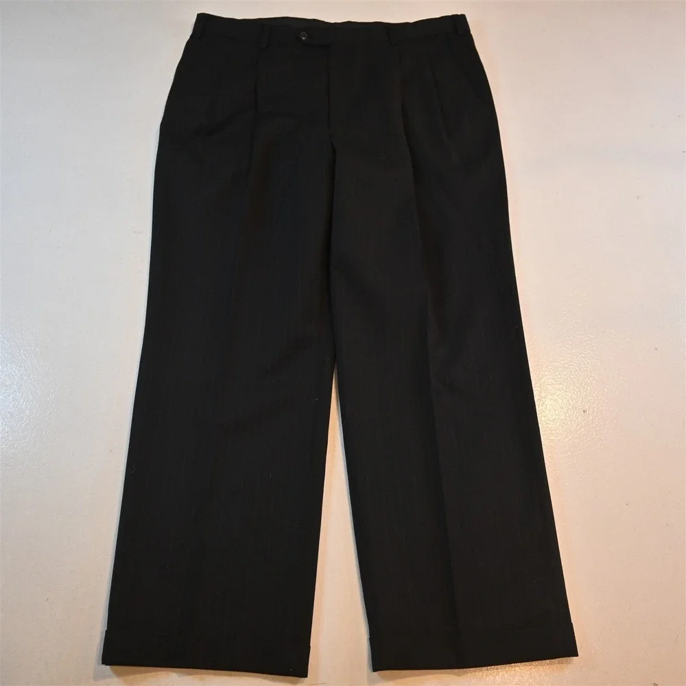 Vtg USA Made Double Breasted 44R 38x30 Black Striped 100% Wool Jacket Pants Suit